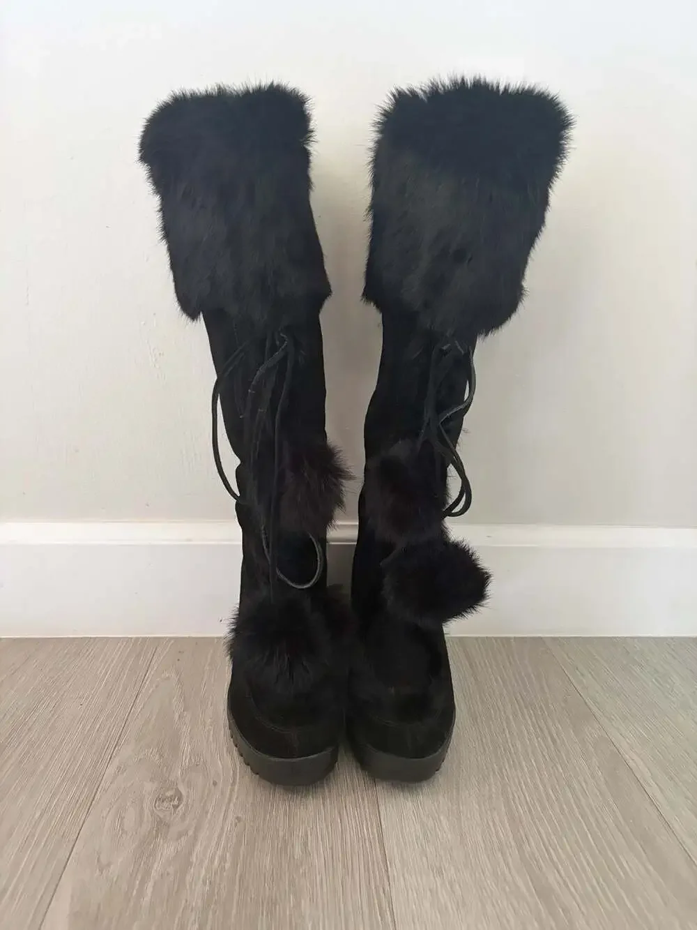 Coach Karita Black Suede Rabbit Fur Trim Wedge Boots